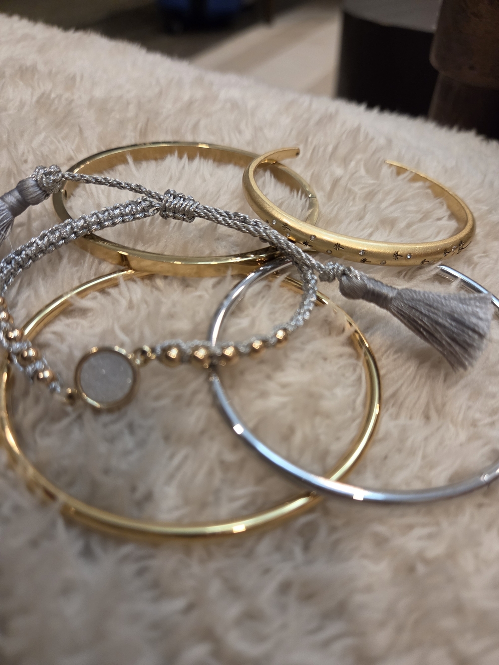 Mixed Metal Gold and Silver Bangle Bracelet Set with Tassel Accent